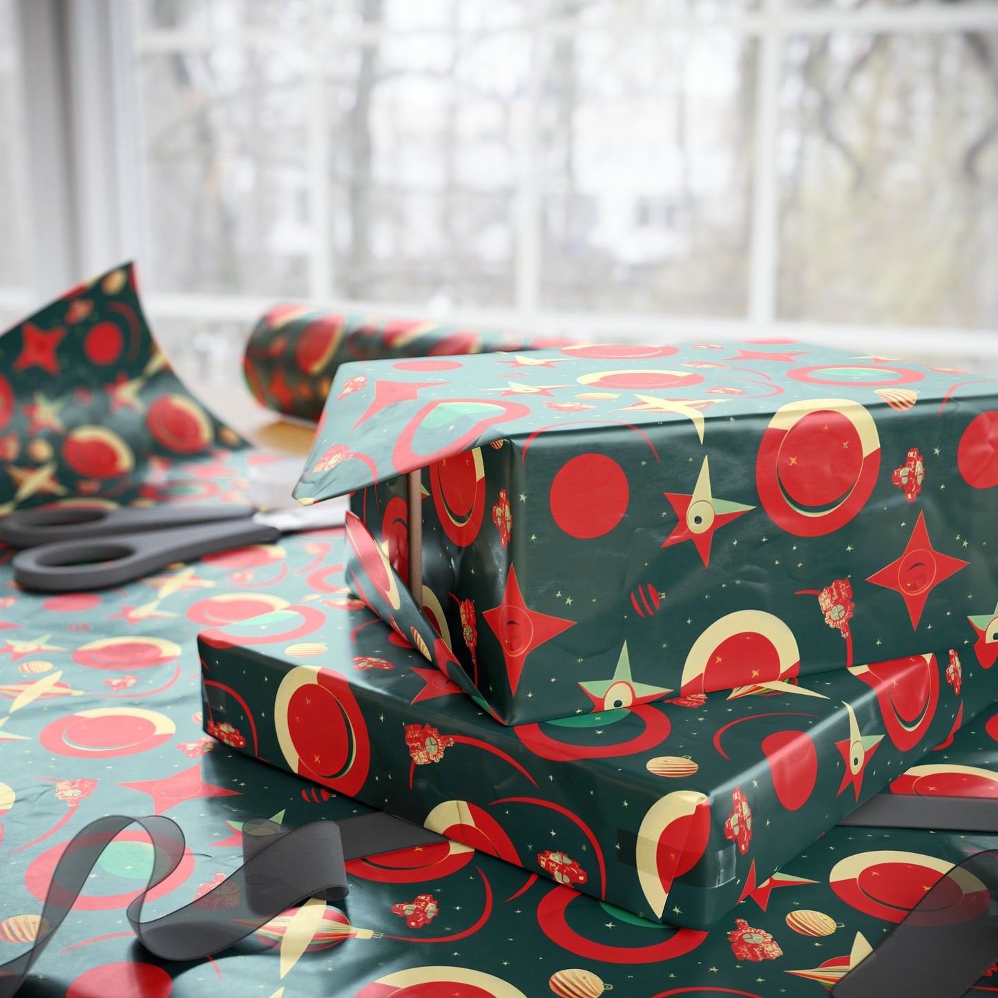 Black Ocean Red and Green Space gift wrap roll